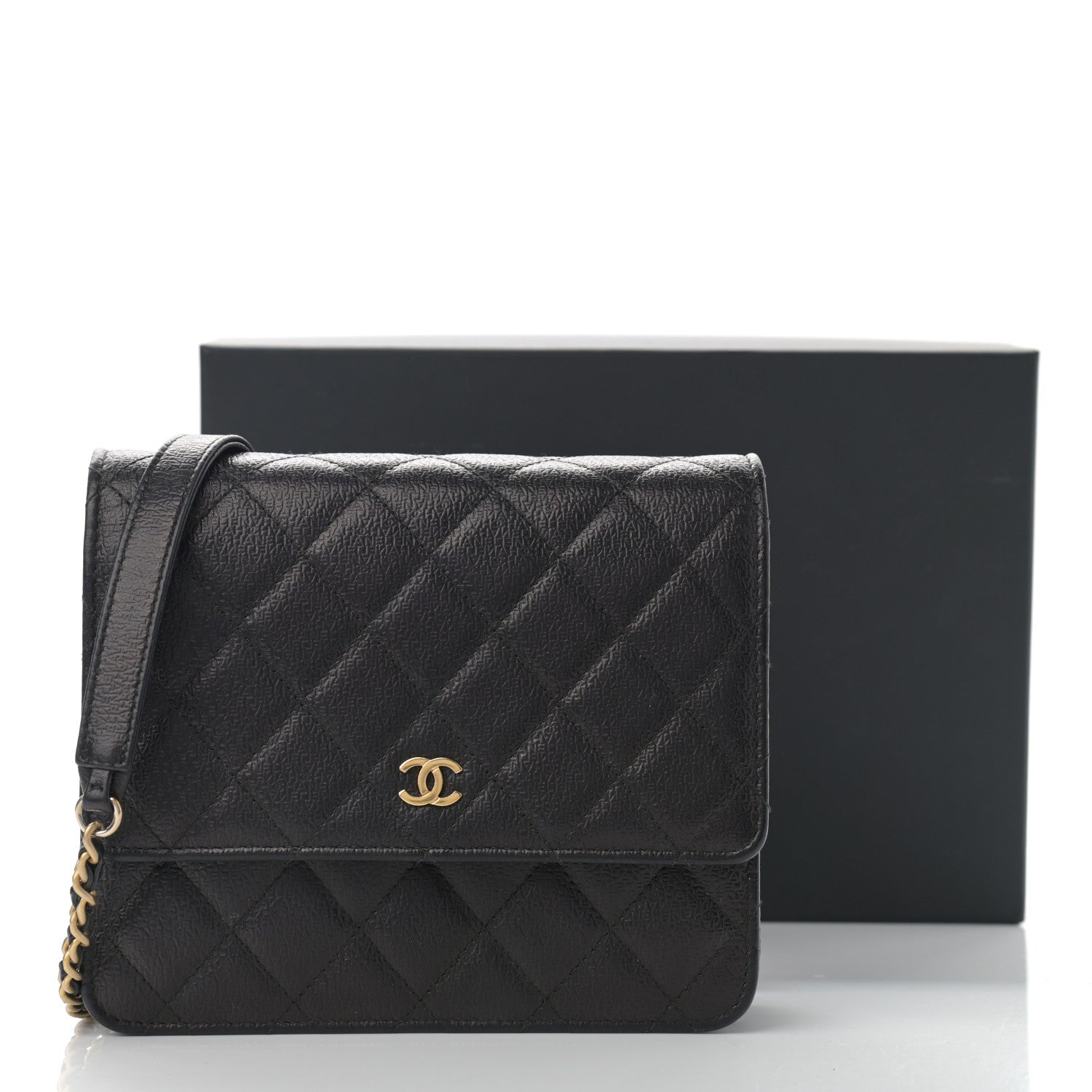 Chanel Letter Calfskin Embossed Quilted Square Wallet On Chain WOC Black 27 of 27