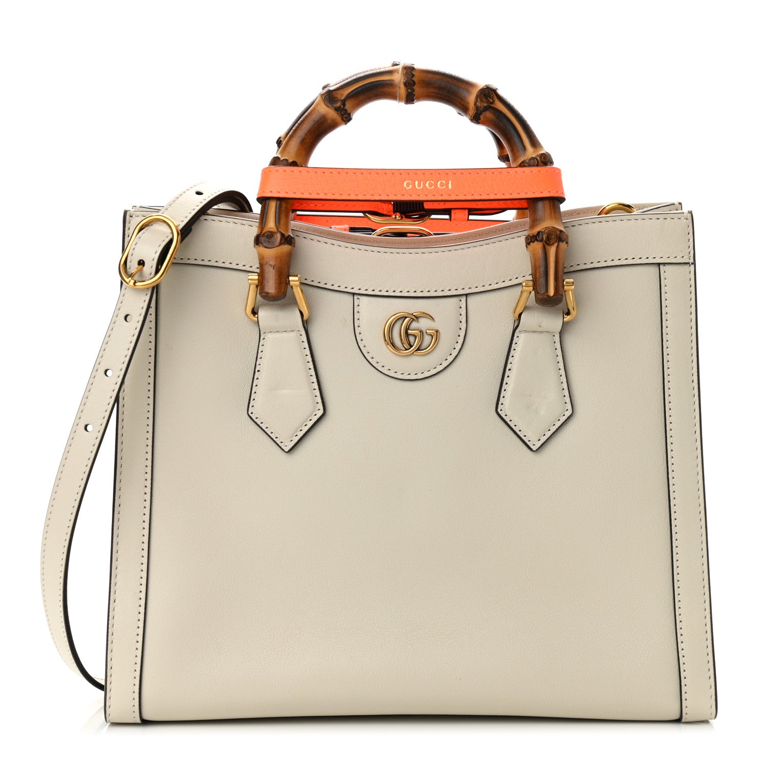 Gucci Wonka Grain Calfskin Small Diana Tote Bag Mystic White Orange Fluo 1 of 10