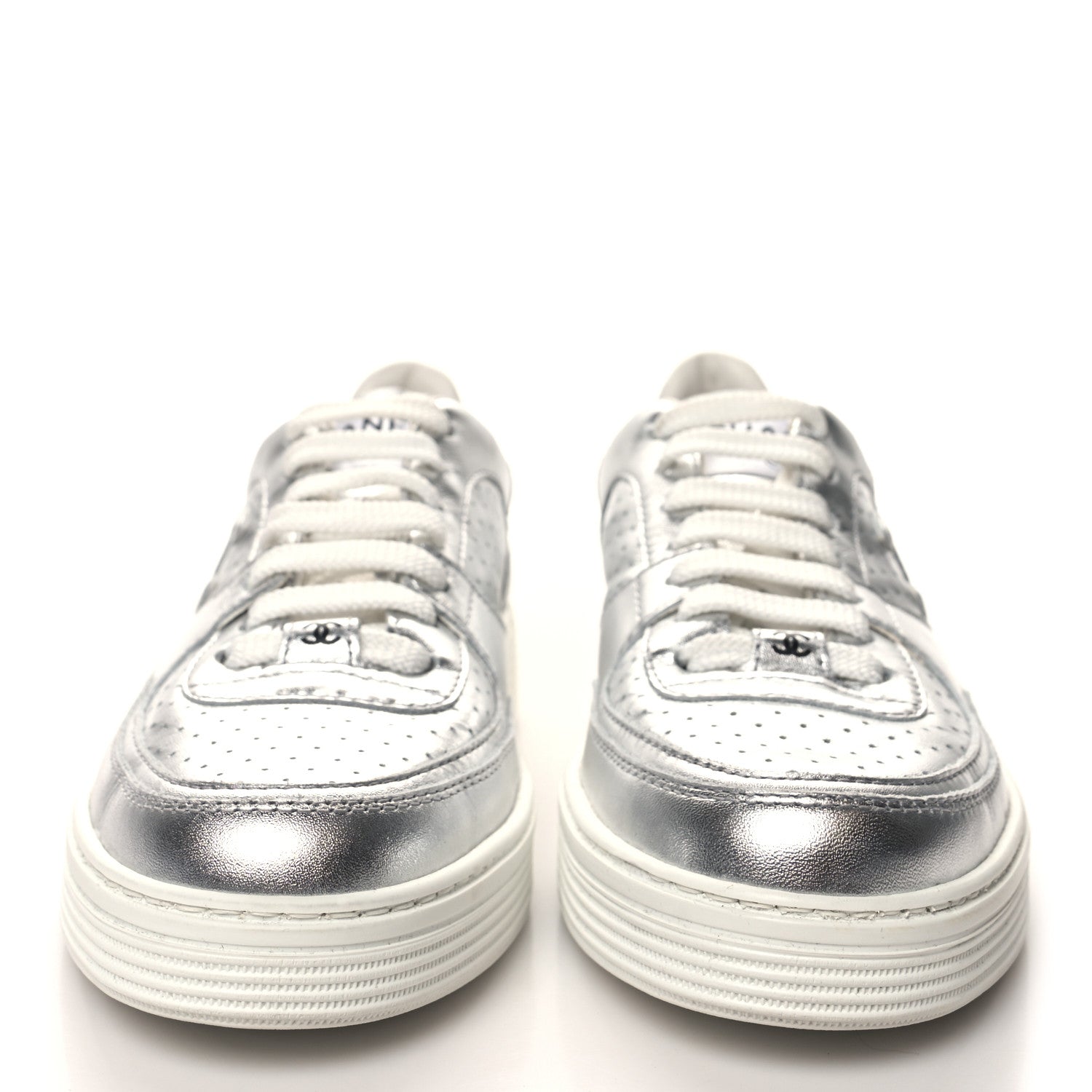 Chanel Laminated Calfskin CC Womens Sneakers 36 Silver 2 of 8