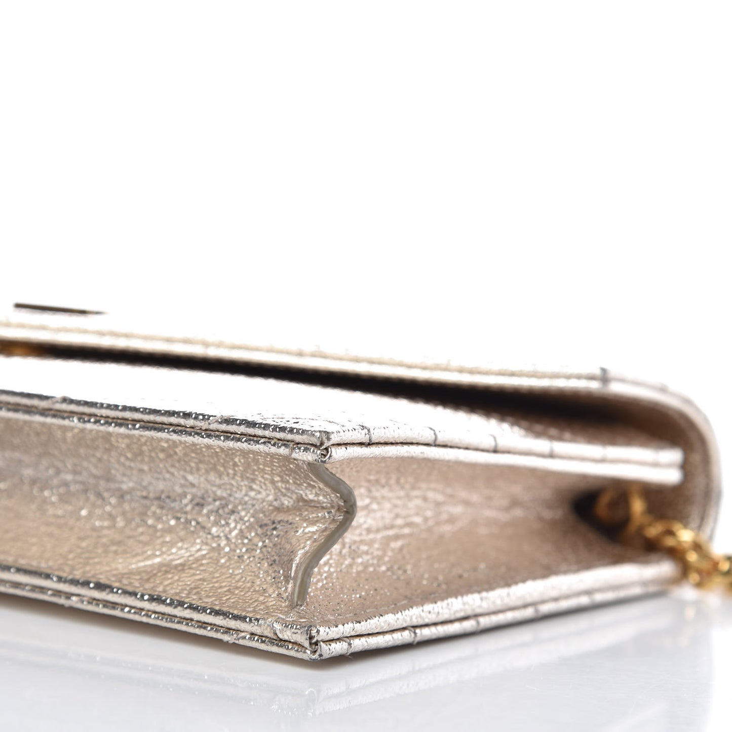 Metallic Crackled Calfskin Matelasse Chevron Monogram Envelope Chain Wallet Gold