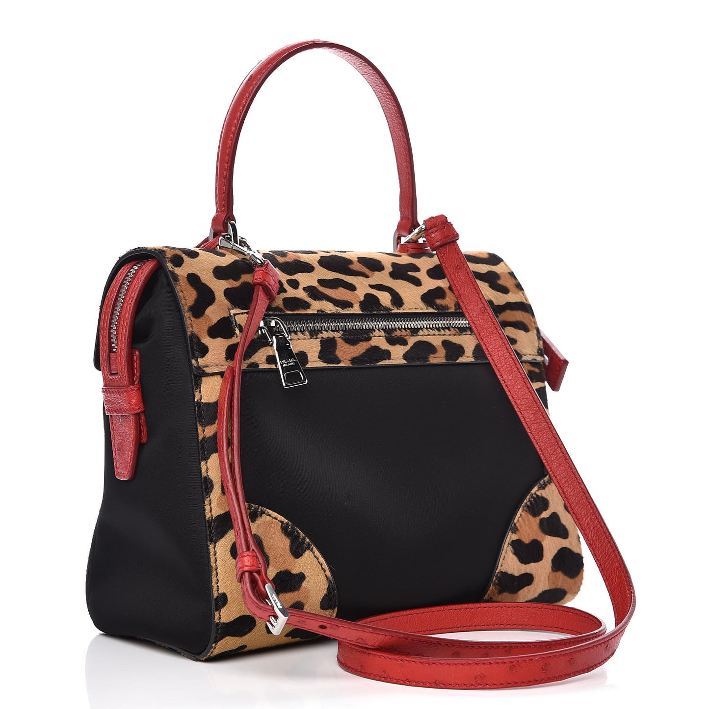 Tessuto Cavallino Ostrich Leopard Print Tote Black Miele Rosso