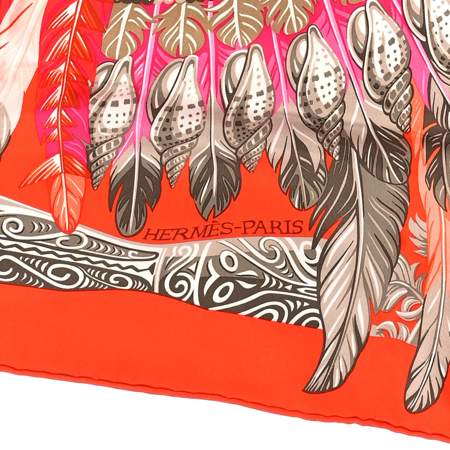 Hermes Silk La Danse Pacifique Scarf 90 Orange Rose Vif Kaki