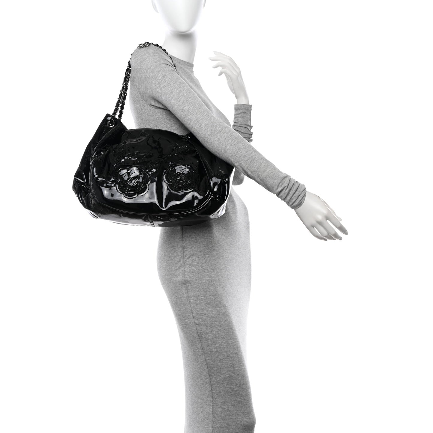 Patent Camellia Shoulder Bag Black
