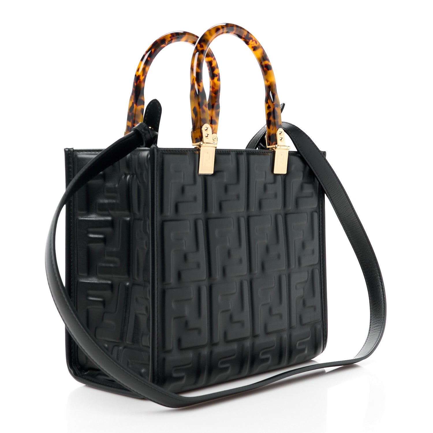 Fendi Vitello Plexiglass FF Embossed Small Fendi Sunshine Shopper Tote Black 3 of 10