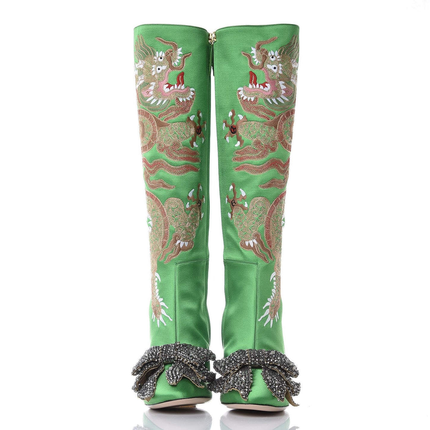 Silk Satin Malaga Kid Embroidered Candy Dragon Block-Heel Knee Boot 39 Palm