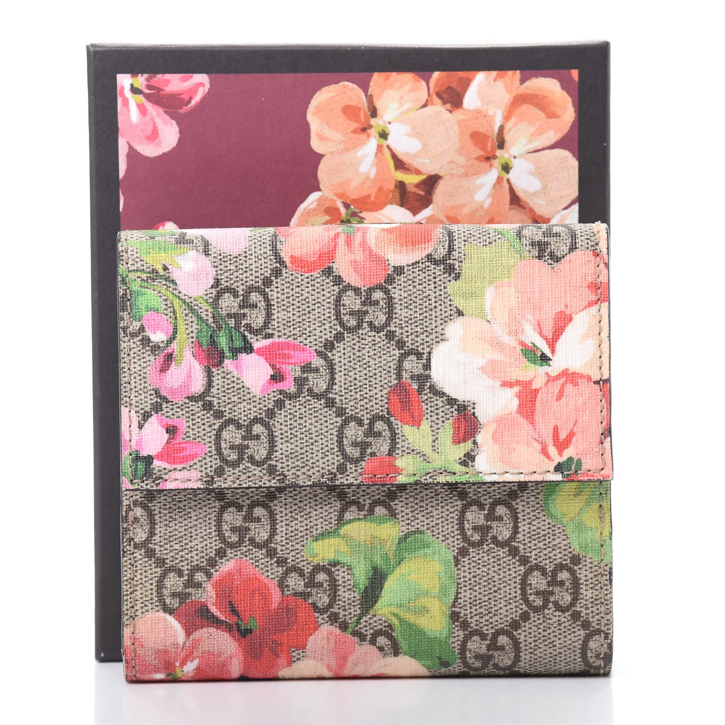 GG Supreme Monogram Blooms French Flap Wallet Beige Multicolor Dry Rose
