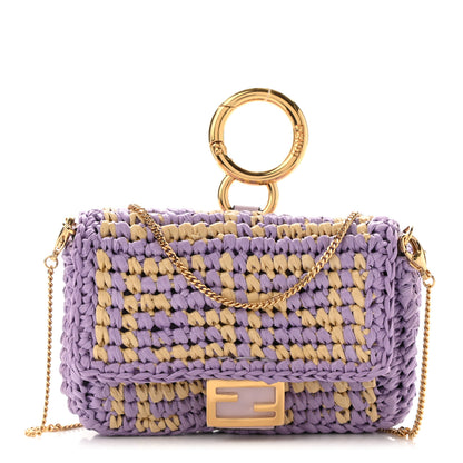 Fendi Raffia Vitello Seta FF Woven Nano Baguette Charm Anemone Natural 1 of 9