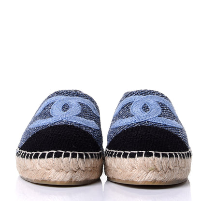 Chanel Cotton Tweed CC Espadrilles 38 Blue Ecru Black 2 of 11