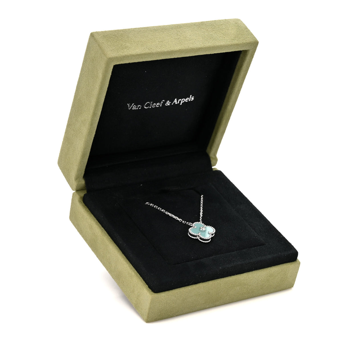 18K White Gold Diamond Celadon Green Sevres Porcelain Vintage Alhambra Pendant Necklace