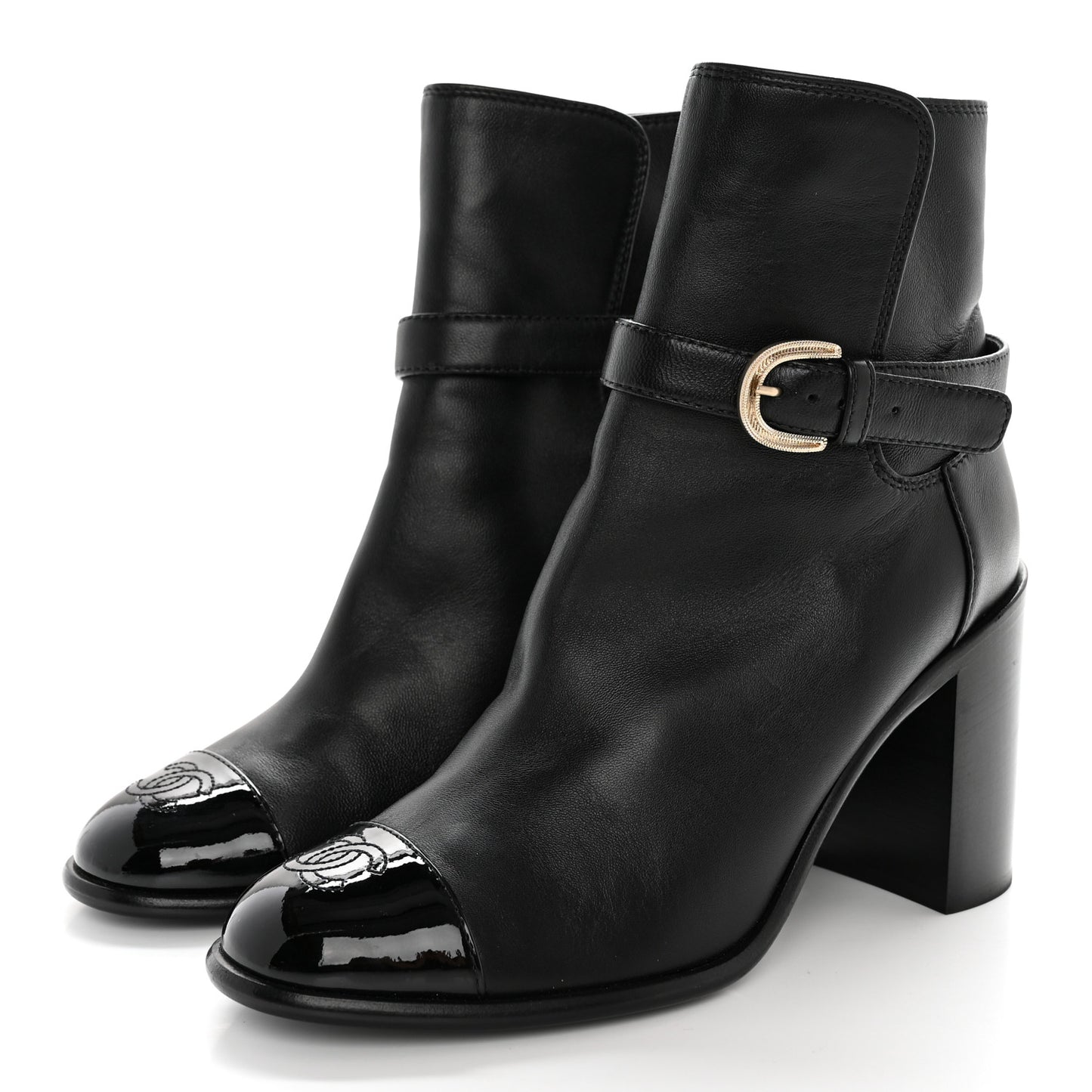 Calfskin Patent Cap Toe Interlocking CC Ankle Boots 39.5 Black