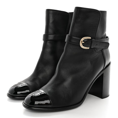 Chanel Calfskin Patent Cap Toe Interlocking CC Ankle Boots 39.5 Black 3 of 13