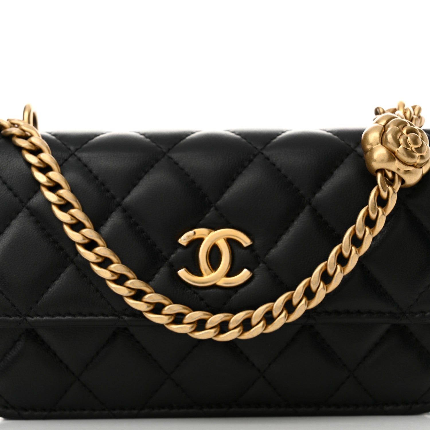 Chanel Lambskin Quilted Sweet Camellia Flap Phone Holder With Chain Black 9 of 13
