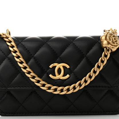 Chanel Lambskin Quilted Sweet Camellia Flap Phone Holder With Chain Black 9 of 13