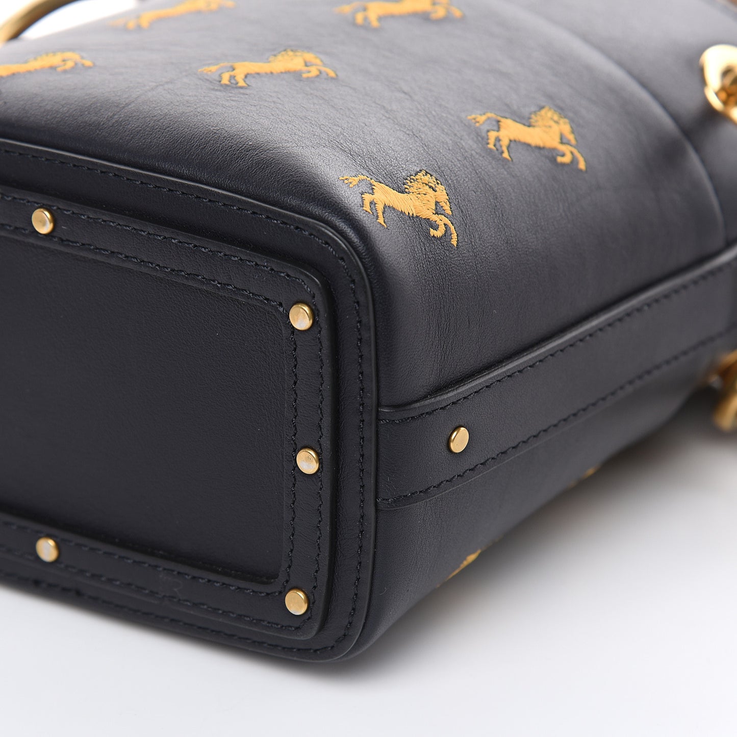 Smooth Calfskin Little Horses Embroidered Mini Roy Bucket Bag Full Blue