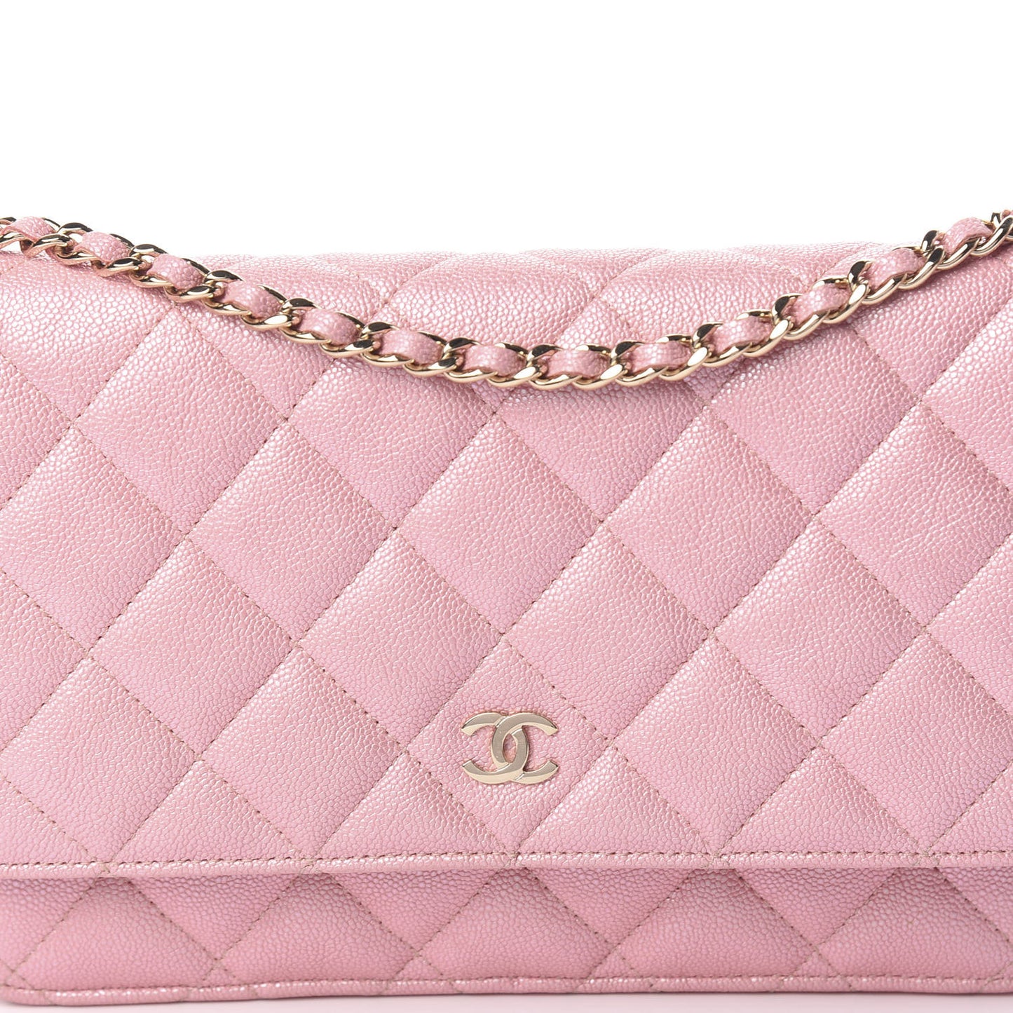 Iridescent Caviar Quilted Wallet on Chain WOC Rose Pink
