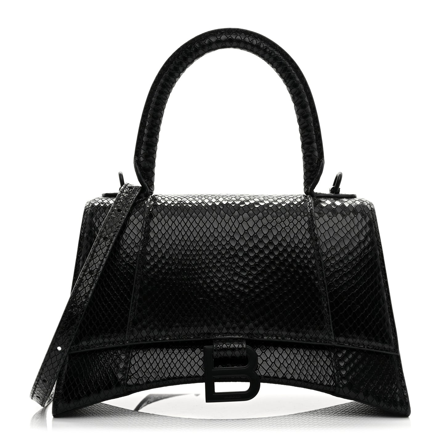 Matte Calfskin Snake Embossed Tonal B Small Hourglass Top Handle Bag Black