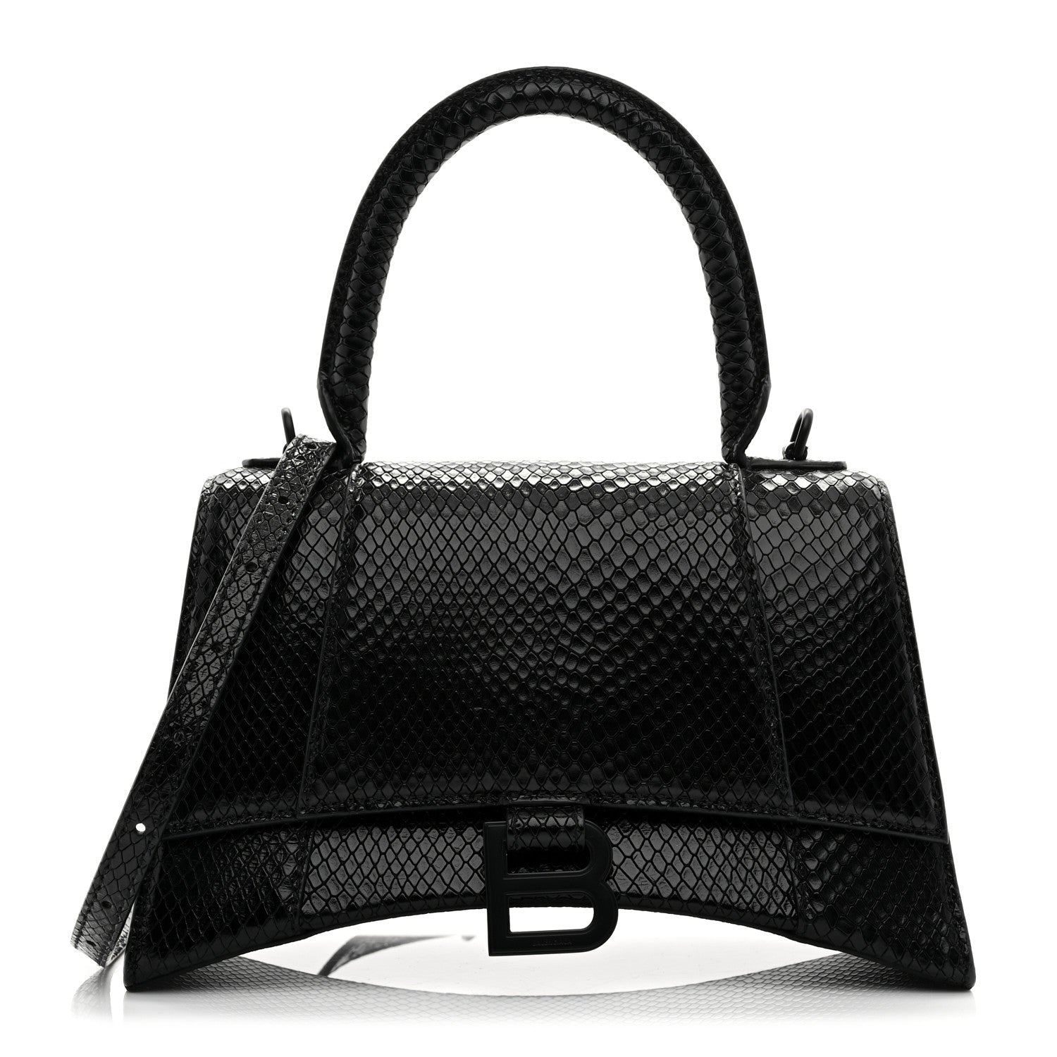 Balenciaga Matte Calfskin Snake Embossed Tonal B Small Hourglass Top Handle Bag Black 1 of 10