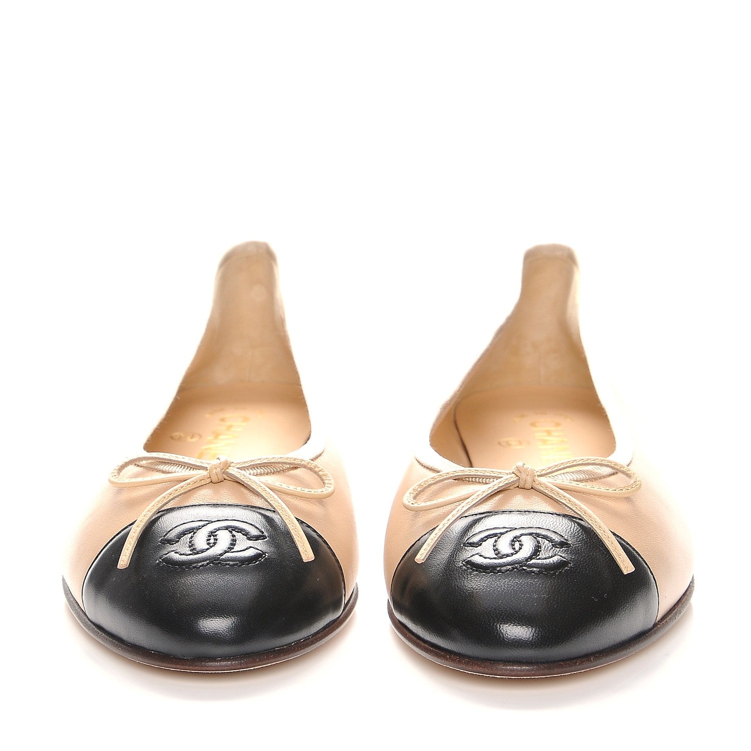 Chanel Lambskin Cap Toe Ballerina Flats 37.5 Beige Black 2 of 8