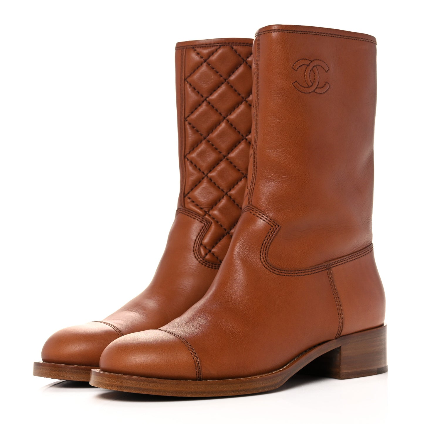 Calfskin Quilted CC Logo Mid Calf Boots 38.5 Caramel