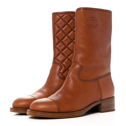 Chanel Calfskin Quilted CC Logo Mid Calf Boots 38.5 Caramel 3 of 12