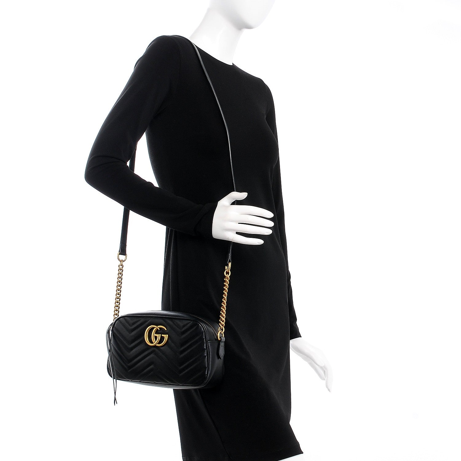Gucci Calfskin Matelasse Small GG Marmont Chain Shoulder Bag Black 2 of 7