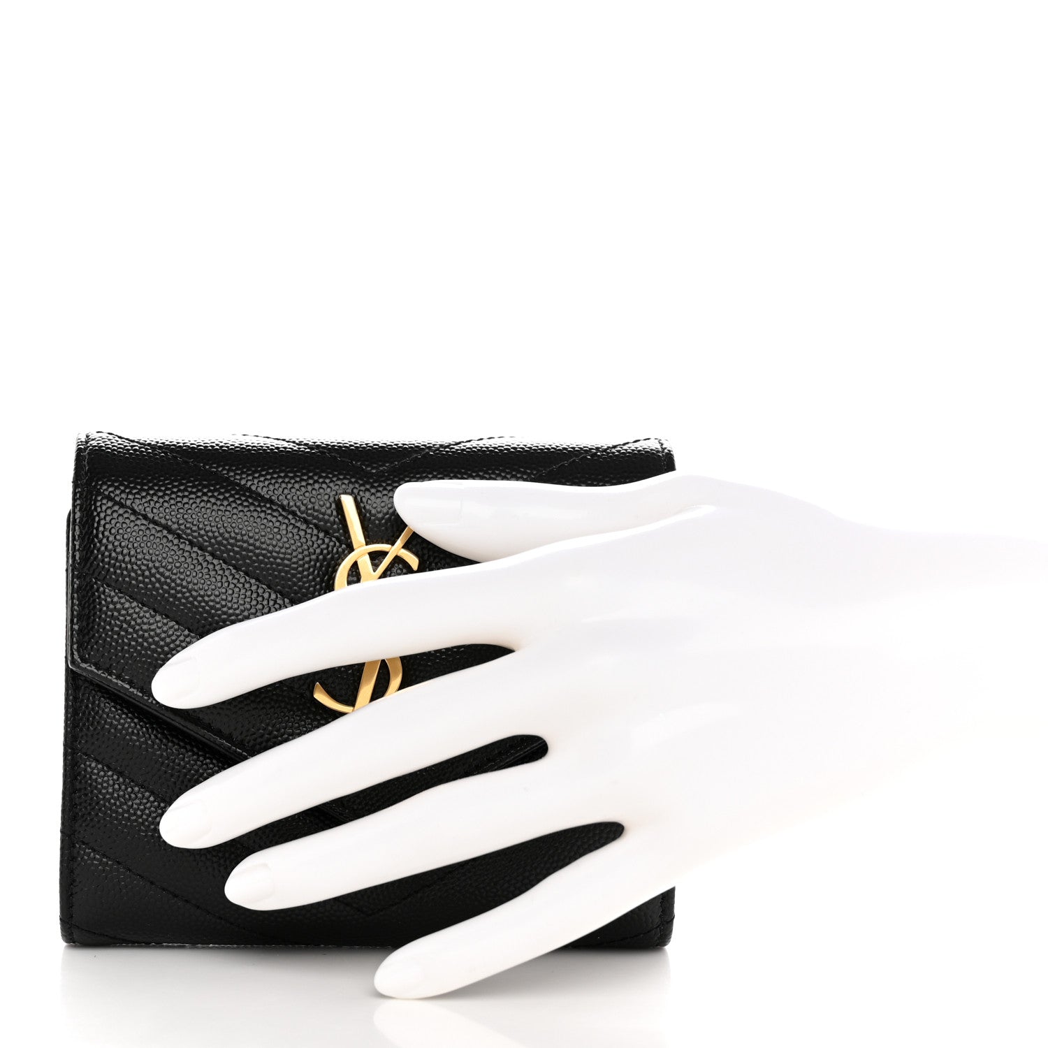 Saint Laurent Grain De Poudre Matelasse Chevron Monogram Compact Tri Fold Wallet Black 2 of 10