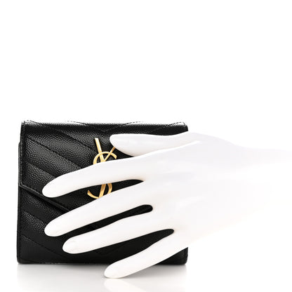 Saint Laurent Grain De Poudre Matelasse Chevron Monogram Compact Tri Fold Wallet Black 2 of 10
