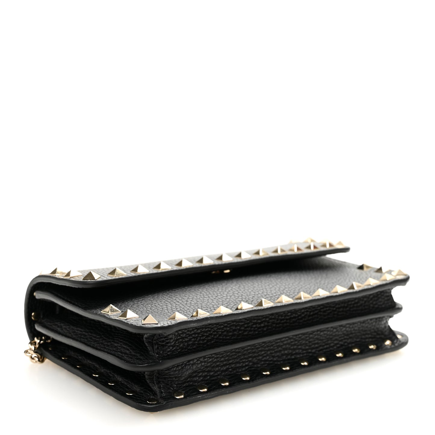 Pebbled Calfskin Rockstud Flap Wallet On Chain Black