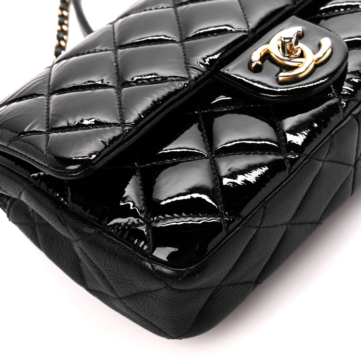 Patent Goatskin Quilted Small CC Eyelet Flap Black