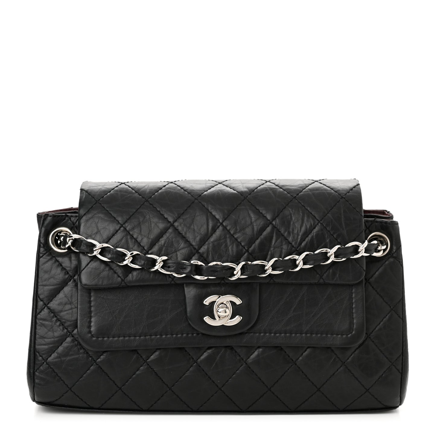Aged Calfskin Quilted Medium Accordion Flap Black