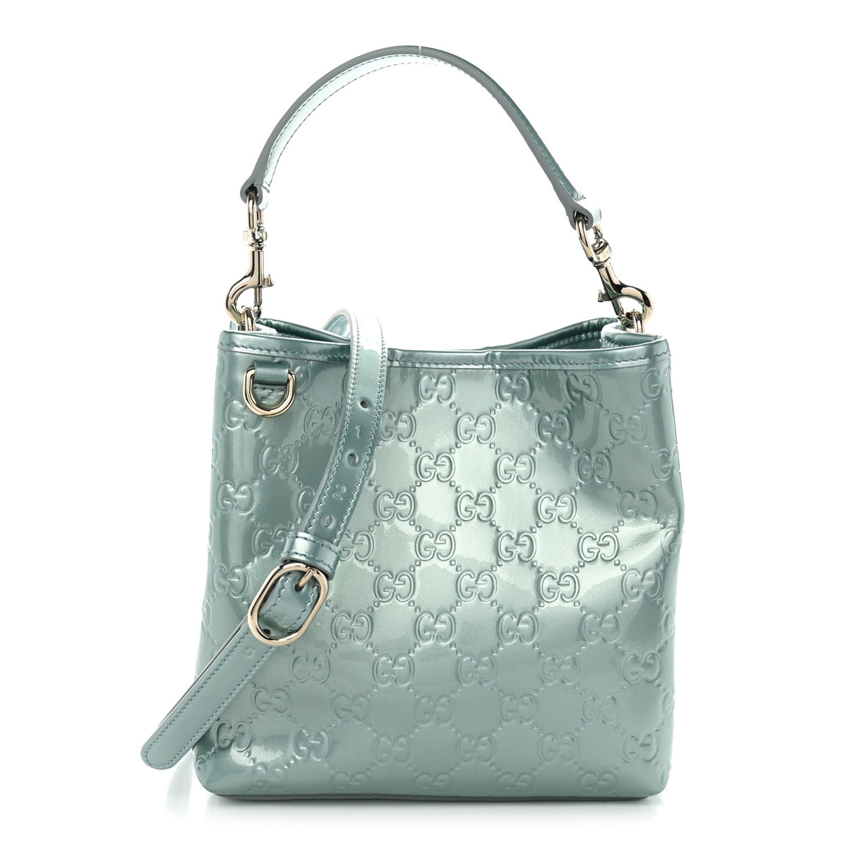 Gucci Patent GG Emblem Small Bucket Bag Light Blue 1 of 10