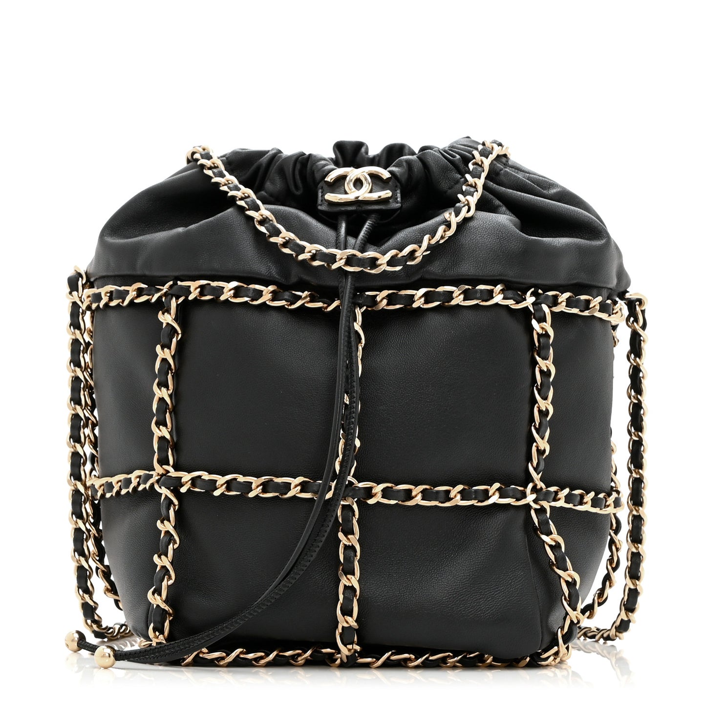 Lambskin Bucket Chain Drawstring Bag Black