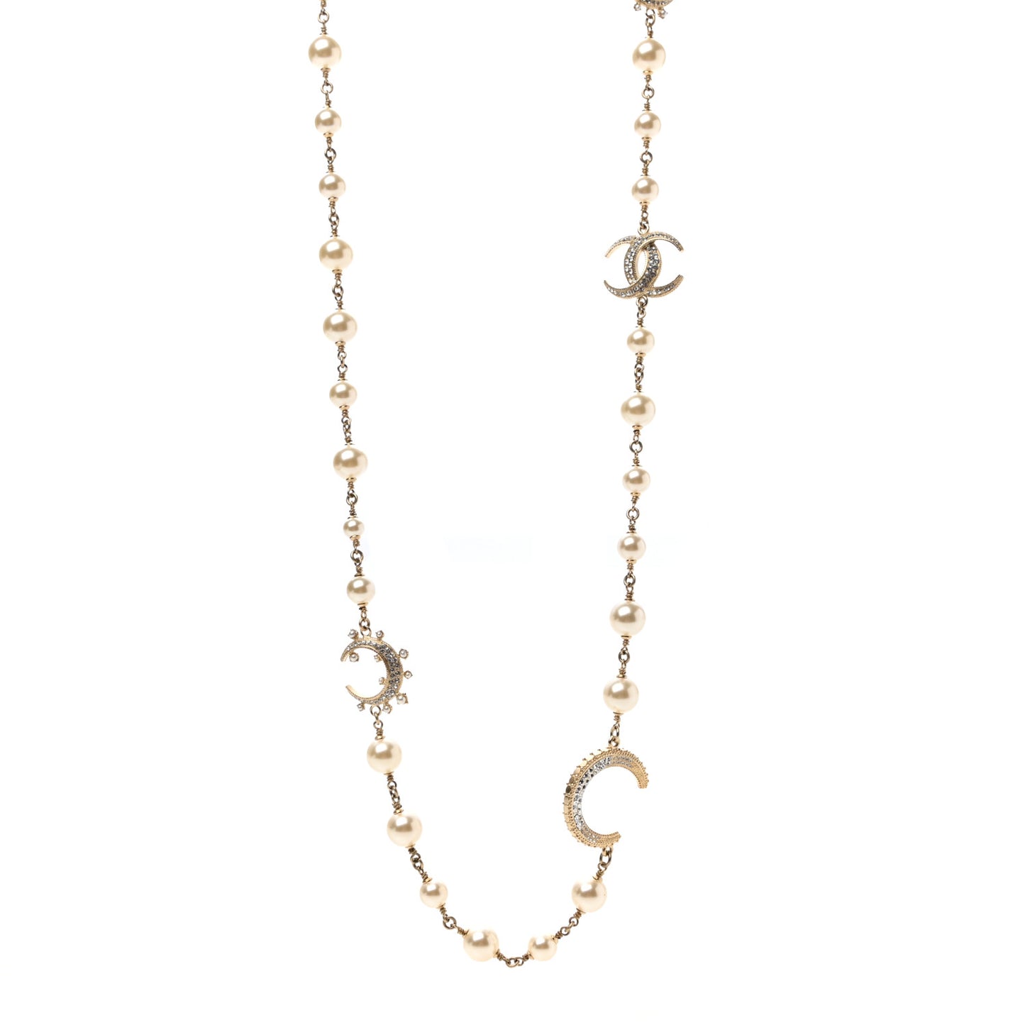 Pearl Baguette Crystal CC Moon Long Necklace Gold