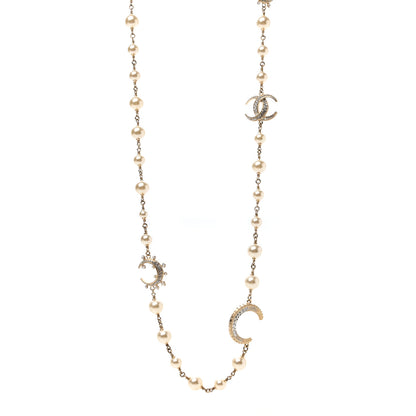 Chanel Pearl Baguette Crystal CC Moon Long Necklace Gold 1 of 6