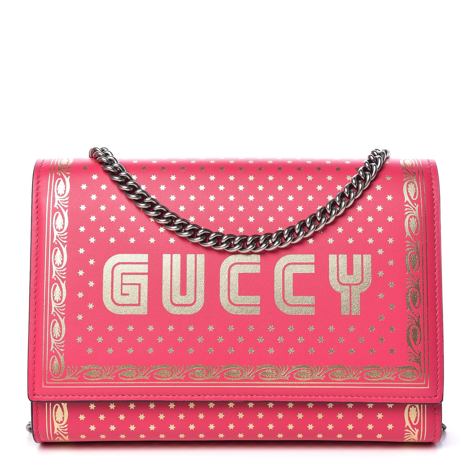 Gucci X SEGA Calfskin GUCCY Stars Chain Wallet Violet Fuxia Gold 1 of 11