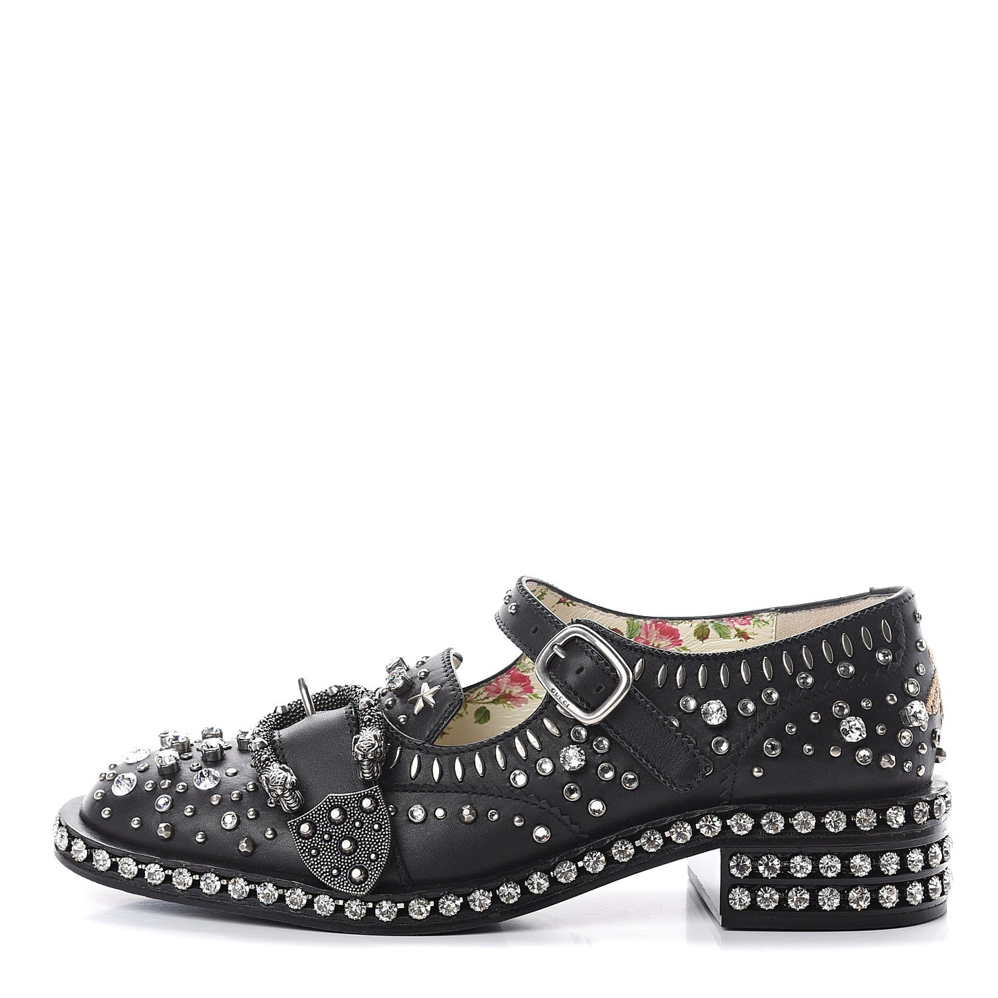 Calfskin Crystal Studded Womens Queercore Brogue Monk Strap Loafers 36.5 Black