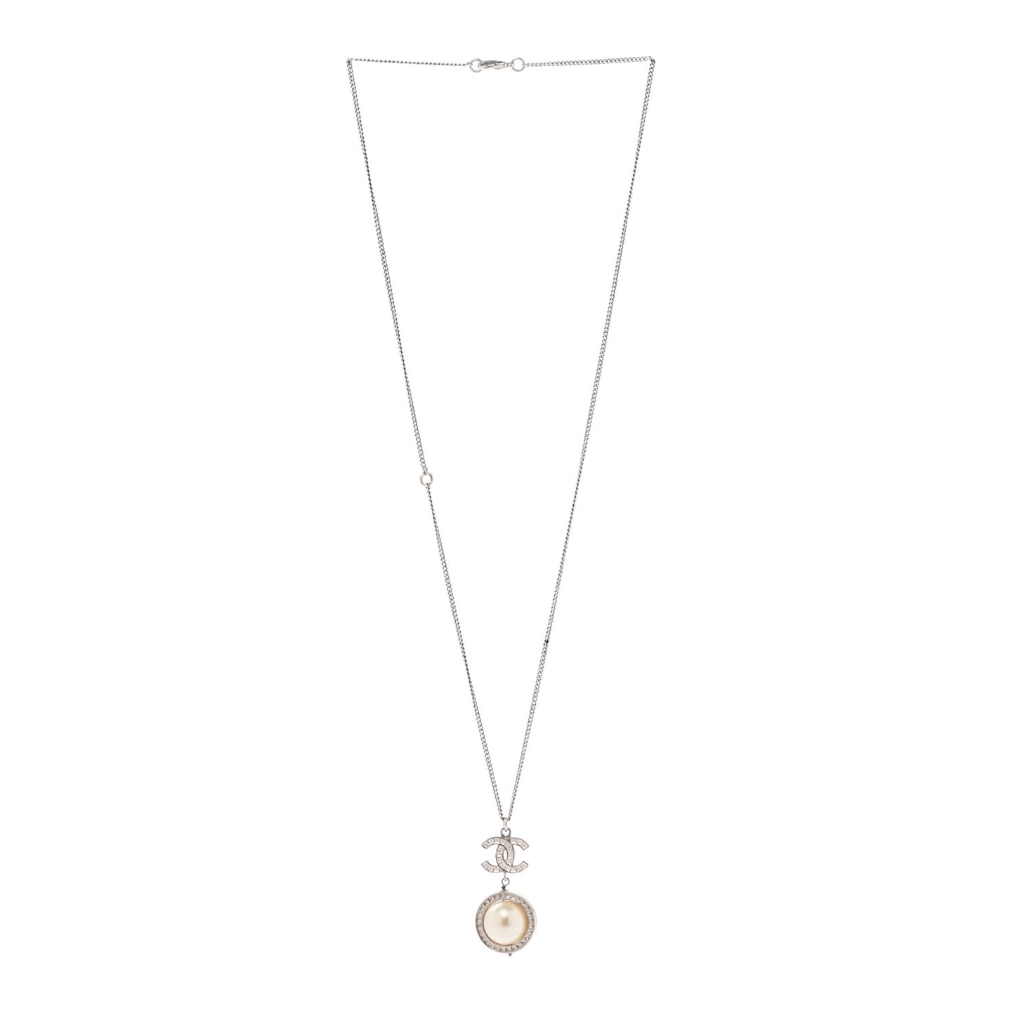 Baguette Crystal CC Pearl Drop Art Decoco Necklace Silver