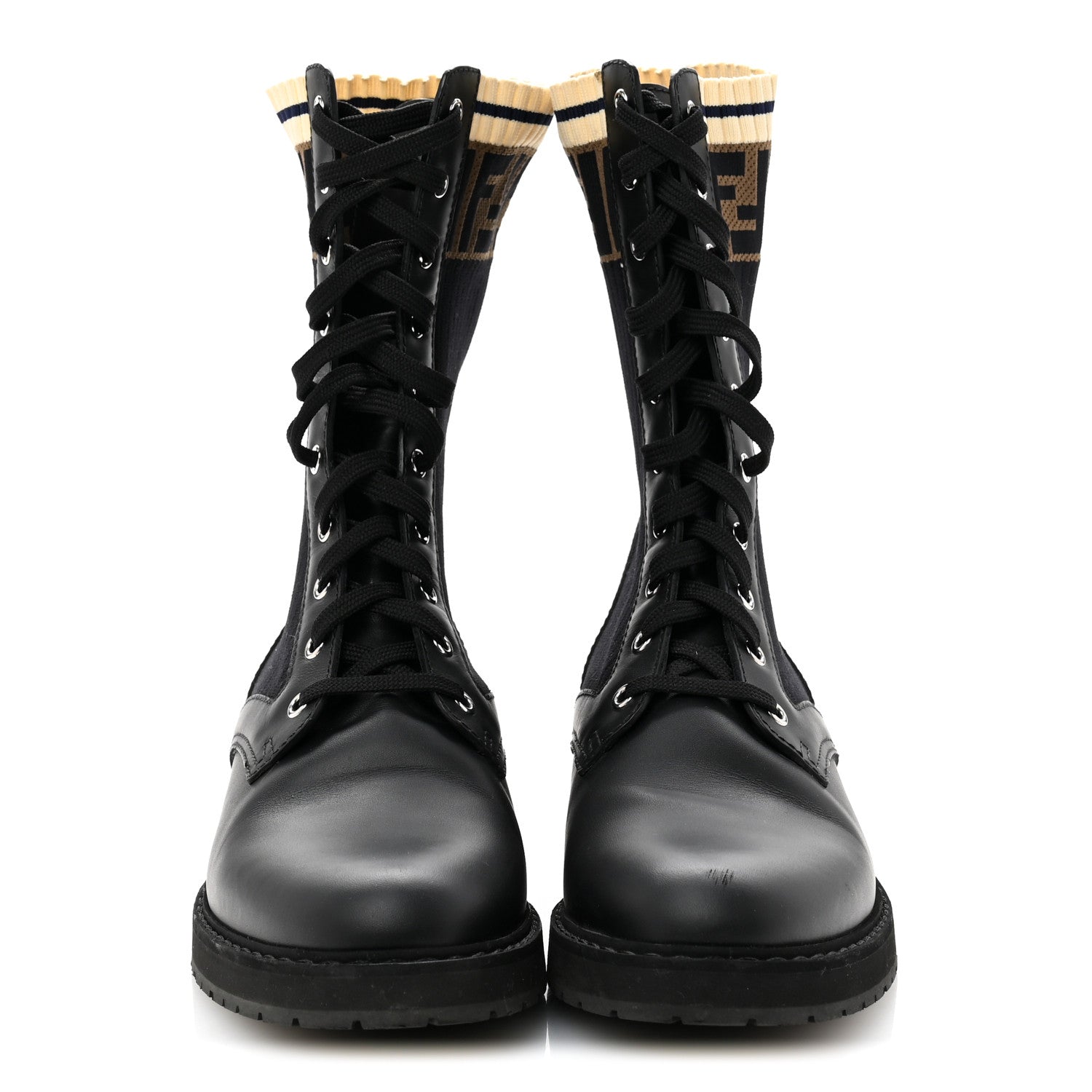 Fendi Calfskin Stretch Fabric Rockoko Biker Boots 42 Tobacco Black Marino 3 of 8