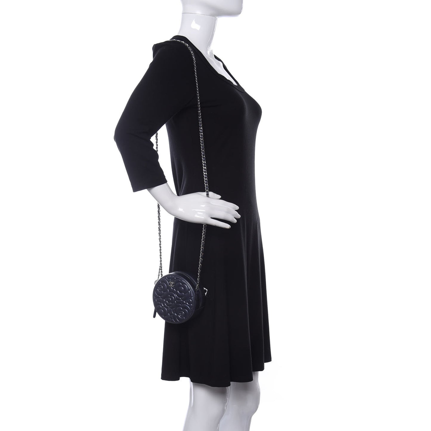 Goatskin Camellia Embossed Round Clutch With Chain Dark Blue
