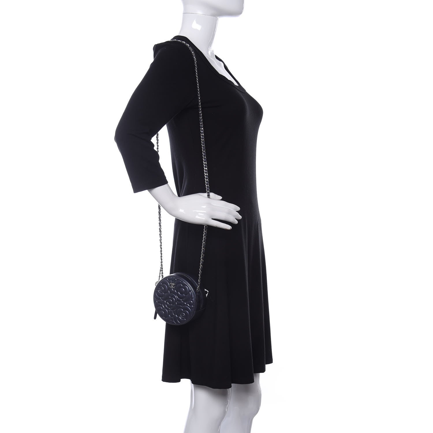 Chanel Goatskin Camellia Embossed Round Clutch With Chain Dark Blue 2 of 12