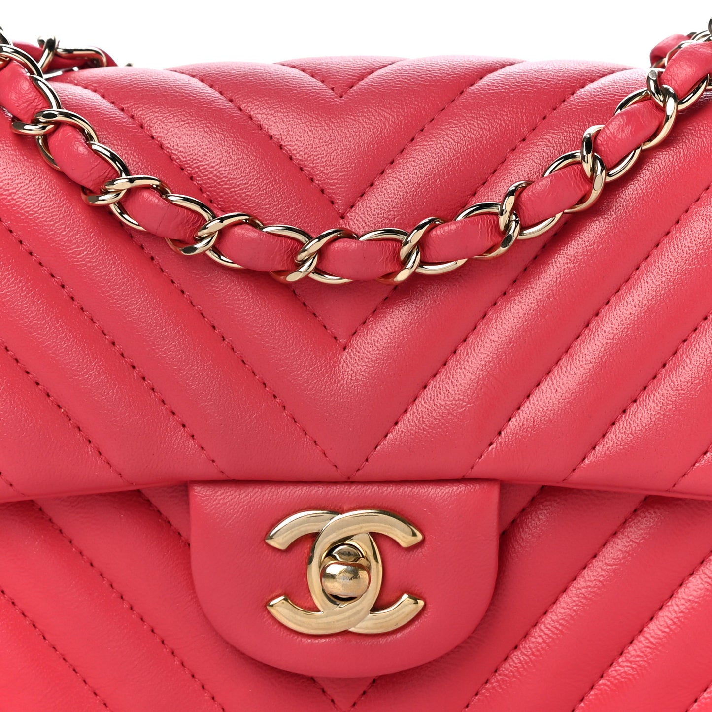 Lambskin Chevron Quilted Mini Rectangular Flap Dark Pink