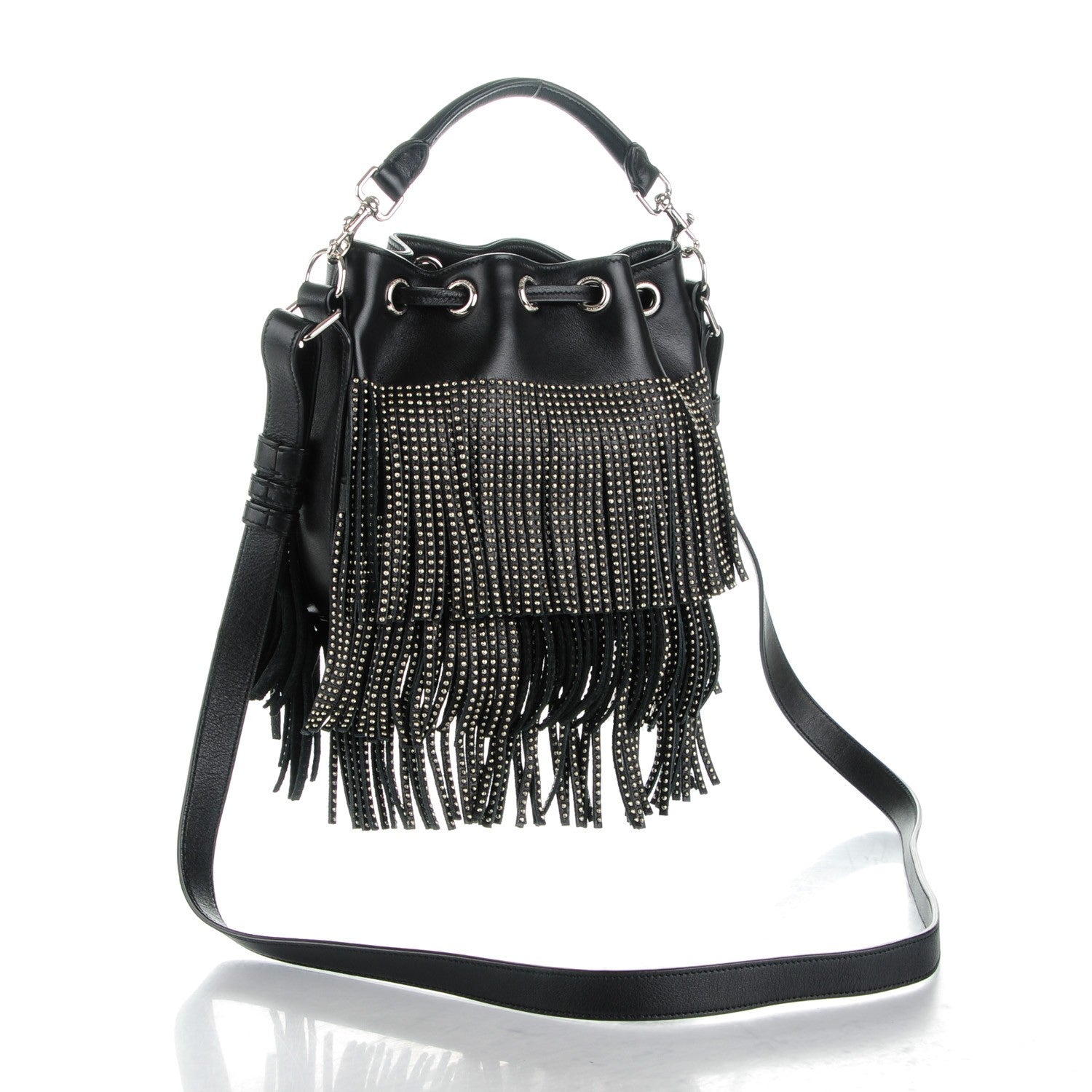 Saint Laurent Calfskin Studded Small Emmanuelle Fringe Bucket Bag Black 3 of 7