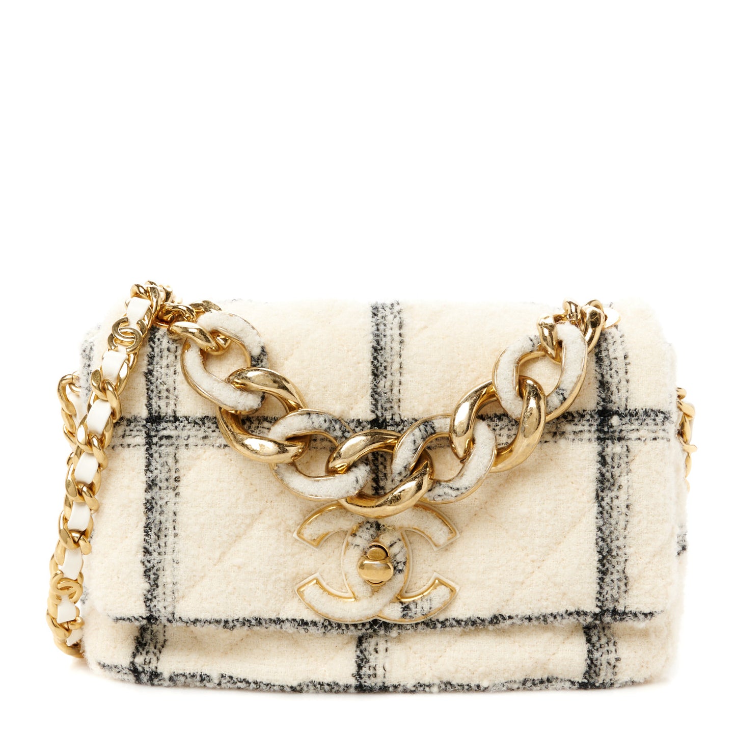 Wool Tweed Quilted Small Elegant Chain Flap White