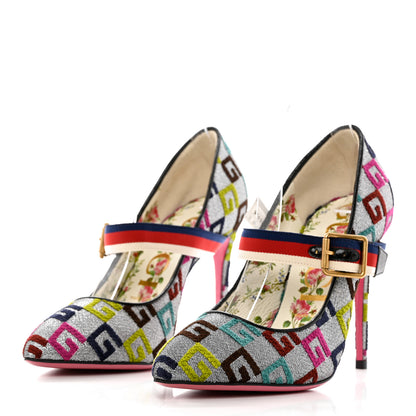 Gucci Velvet Lurex Square G Web Pumps 39 Silver Multicolor 3 of 9