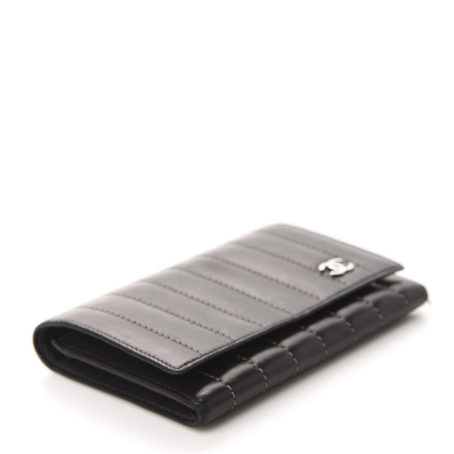 Lambskin Vertical Quilted Mademoiselle Compact Wallet Black