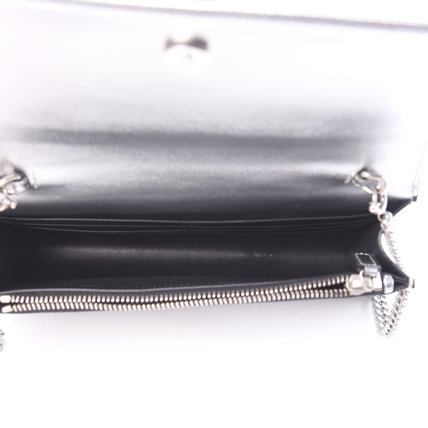 Metallic Grain De Poudre Kate Monogram Tassel Chain Wallet Silver