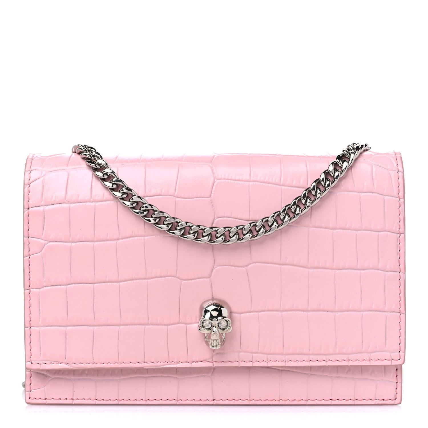 Alexander McQueen Calfskin Crocodile Embossed Skull Mini Crossbody Bag Pink 1 of 8