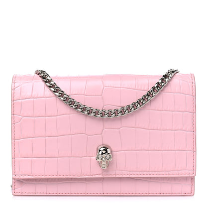 Alexander McQueen Calfskin Crocodile Embossed Skull Mini Crossbody Bag Pink 1 of 8