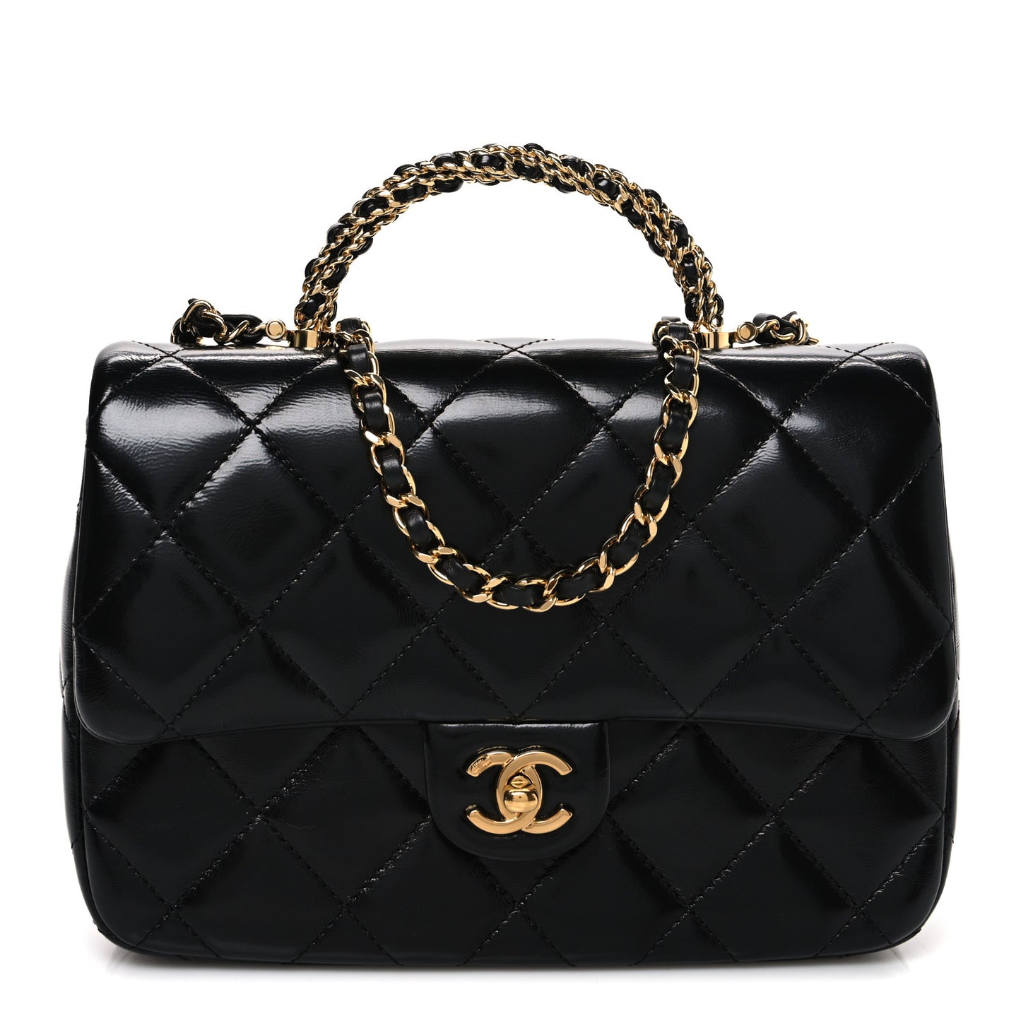 Shiny Lambskin Quilted Twisted Links Top Handle Flap Black