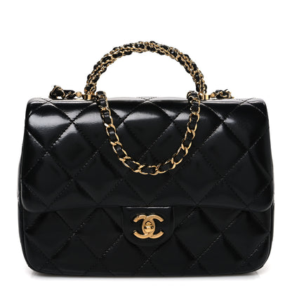 Chanel Shiny Lambskin Quilted Twisted Links Top Handle Flap Black 1 of 11